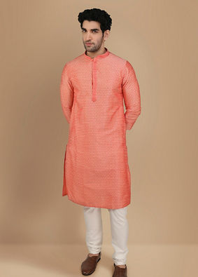 alt message - Manyavar Men Rust Pink Self Design Kurta Set image number 1